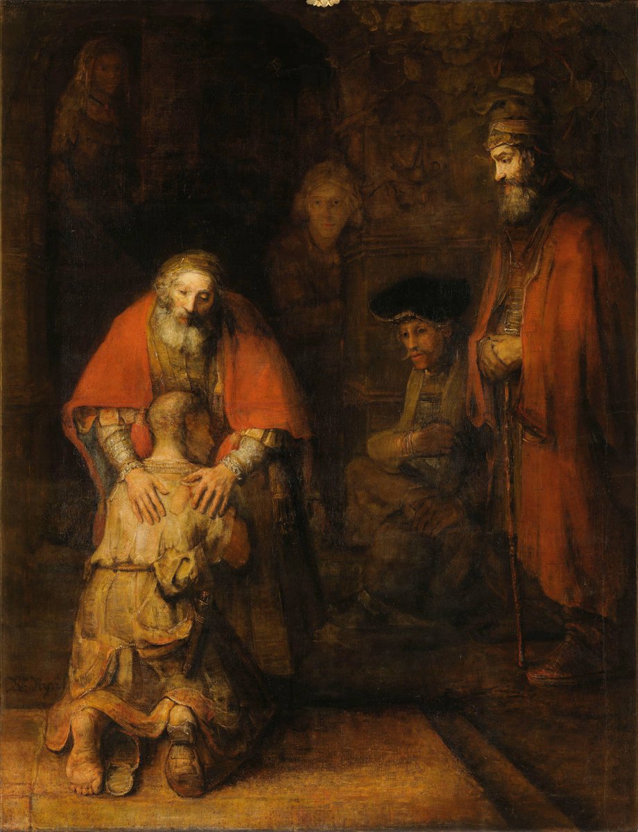 Mirasını harcayıp perişan bir halde eve dönen bir evlat… Ve her şeye rağmen onu bağrına basan bir baba. Tablonun içinden sanki bir ses yankılanıyor: “Her şeye rağmen seni affediyorum.” Rembrandt ışığı yalnızca ikisine düşürüyor; çünkü affetmek, daima iki kişi arasındadır.