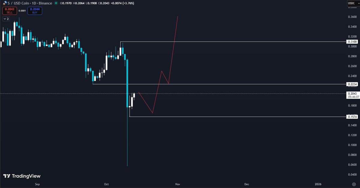 My $S spot bags are now bigger than ever. Reclaim $0.225 and I'll also add some longs on top. 

Retest $0.15-$0.18 and I'll look for some longs to range trade. 

Break $0.31 - $0.325 and I'll add more eco blue chips. Break $1 and I'll buy a bunch of low caps.