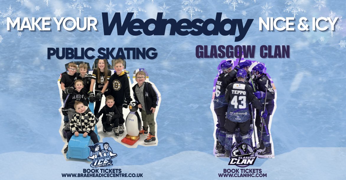 🩵💜 | 𝑴𝑨𝑲𝑬 𝒀𝑶𝑼𝑹 𝑾𝑬𝑫𝑵𝑬𝑺𝑫𝑨𝒀 𝑵𝑰𝑪𝑬 𝑨𝑵𝑫 𝑰𝑪𝒀! 

Skate by day, cheer by night this 𝑊𝑒𝑑𝑛𝑒𝑠𝑑𝑎𝑦, 15𝑡ℎ 𝑂𝑐𝑡𝑜𝑏𝑒𝑟! Public Skating sessions all afternoon, followed by the Glasgow Clan vs Sheffield Steelers at night—where Icy and Clangus take over
