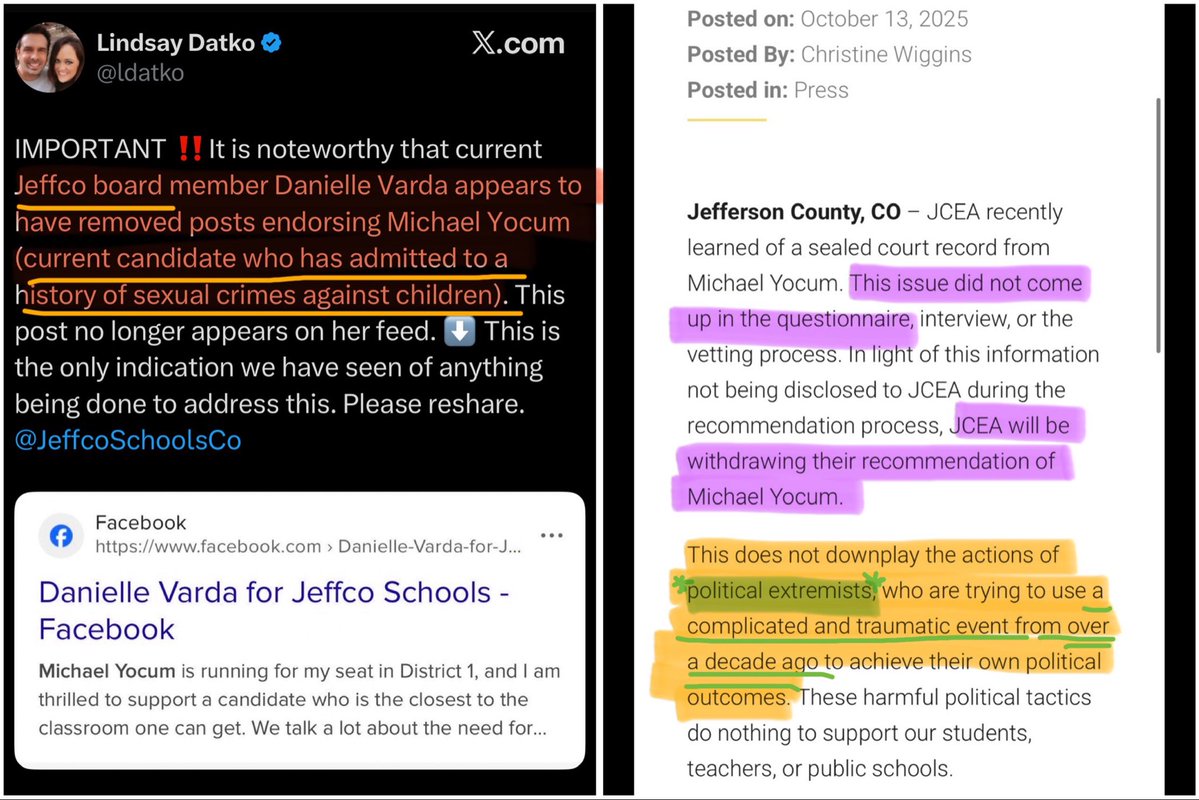 TRHLofficial's tweet image. A major school board in Colorado had a child sex predator recommended for a district seat.
After admitting that they poorly vetted him, Jeffco County wants you to know the real problem are the POLITICAL EXTREMISTS who outted him.