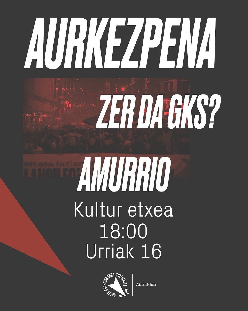 GKS_aiaraldea's tweet photo. Kurtso hasierarekin batera GKSren aurkezpena egingo dugu Amurrion.

Gure jarduna, erronkak eta egungo testuinguruaren gaineko irakurketa ezagutzeko batu aurkezpenera! https://t.co/UMmg2TntDK