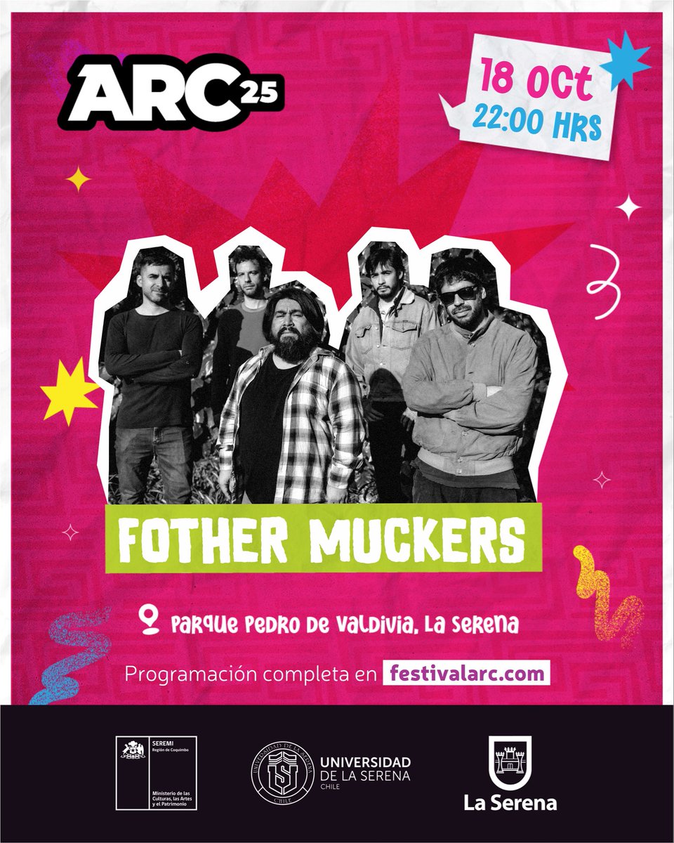 ¡Fother Muckers cerrará los escenarios el próximo sábado en ARC 2025!🔥

La banda chilena de rock se presentará el 18 de octubre en el Parque Pedro de Valdivia.

Disfruta de su show y sus riffs inconfundibles, que siguen resonando en la escena nacional. ✨