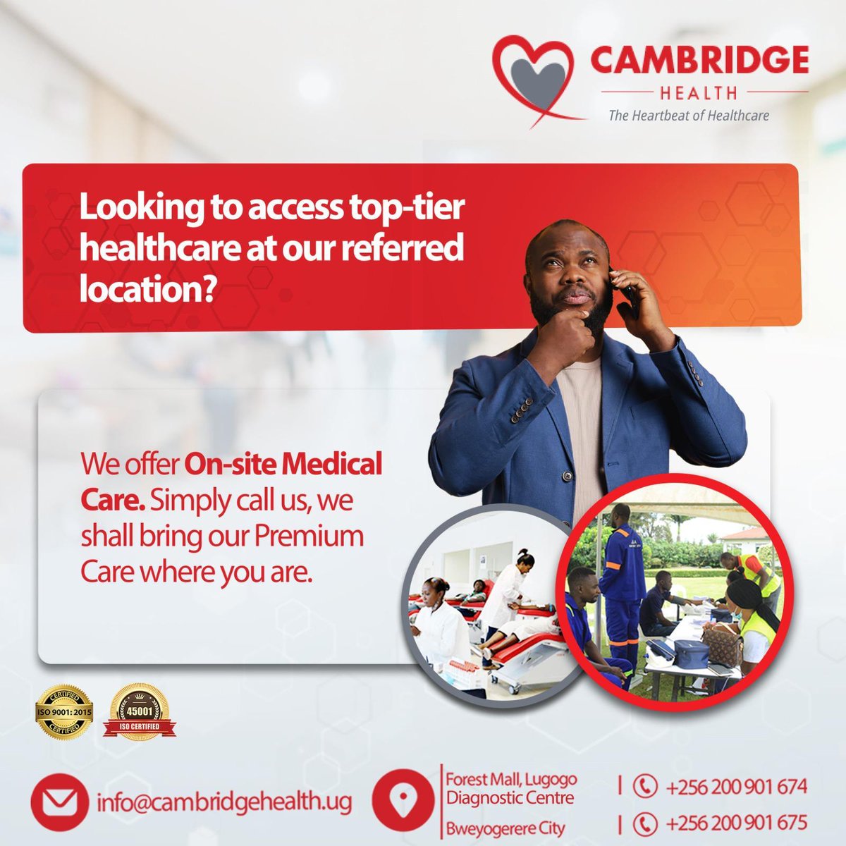 HabibRahimEdge's tweet image. 🏢 Dear HRs &amp;amp; Managing Directors,
Empower your team with on-site premium medical care from Cambridge Health, we bring top-tier healthcare right to your workplace.
💼 Keep your staff healthy, productive &amp;amp; cared for.
📞 +256 200 901 674
💌 info@cambridgehealth.ug
#EmployeeWellness