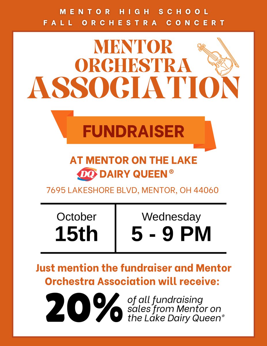MHS Concert this Wed! That means DQ NIGHT! Head to DQ in Mentor on the Lake. Stock up on boxes of Dilly Bars, grab a chili dog or sweet treat and MOA receives 20% of sales (mention the fundraiser while ordering). AND the hours are expanded. 5pm-9pm! BE THERE OCTOBER 15th!