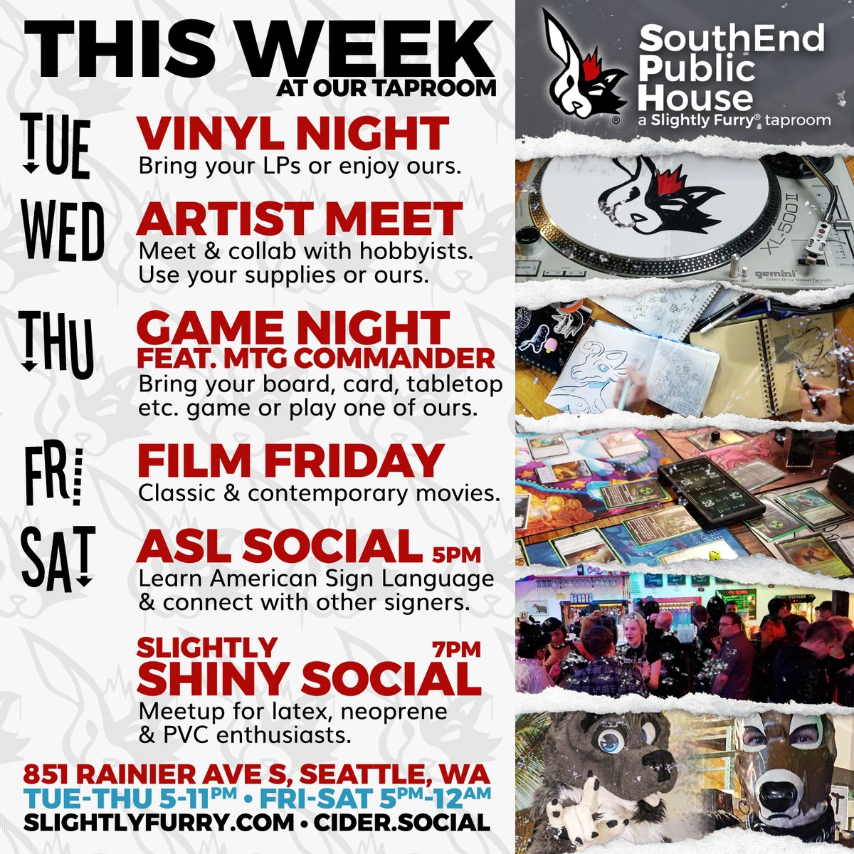 Dust off that jacket and get into our taproom! 🍂🧥🍁
#SlightlyFurryBevCo #SouthEndPublicHouse #thisweek #dailyevents #vinylnight #artistmeet #gamenight #mtgcommander #filmnight #asl #americansignlanguage #shinysocial #latex #pvc #Seattle