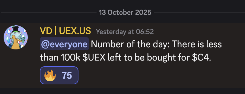 Time ⏰ is running out. TBH, I am surprised that $c4 hasnt started to moon, given how well <a href="/uex_us/">UEX.US</a> has been performing

Last mth over $80mil $usd in trading volume! Next reward distribution is on the 25th! 👀👀

Learn all about it here 👇 in this thread 🧵
x.com/wildblueyondu/…