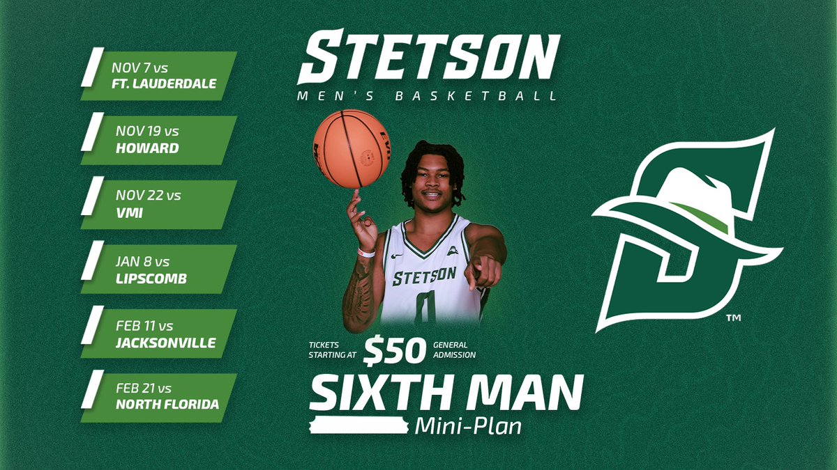 Stetson Hatters (@stetsonhatters) on Twitter photo ๐๐ฒ ๐๐ต๐ฒ ๐ฆ๐ถ๐
๐๐ต ๐ ๐ฎ๐ป!
Step into the action this season! Grab our 6-game mini-plan starting at $50 and donโt miss a moment of the action.
๐๏ธ bit.ly/4n14Quc
#GoHatters | #DefendDeLand |<a href="/StetsonMBB/">Stetson MBB๐ด</a> ๐๐ฒ ๐๐ต๐ฒ ๐ฆ๐ถ๐
๐๐ต ๐ ๐ฎ๐ป!
Step into the action this season! Grab our 6-game mini-plan starting at $50 and donโt miss a moment of the action.
๐๏ธ bit.ly/4n14Quc
#GoHatters | #DefendDeLand |<a href="/StetsonMBB/">Stetson MBB๐ด</a>