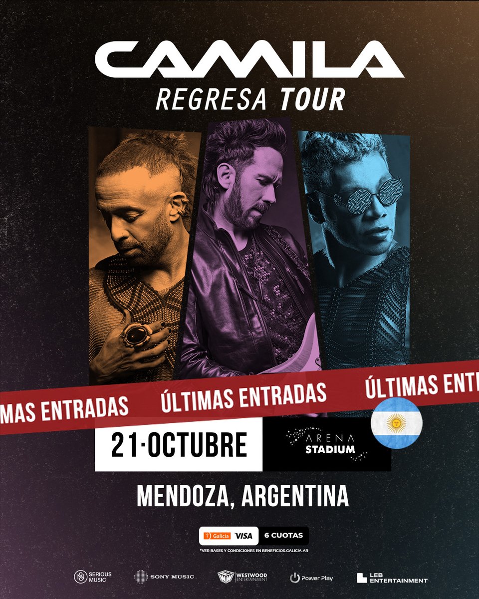 Mendoza, la emoción ya se siente. 🇦🇷✨
Falta muy poco para compartir una noche mágica en el Arena Stadium este 21 de octubre.
¡Corre por tus entradas antes de que se agoten! ❤️‍🔥

🎟️ Últimos boletos: ticketek.com.ar/camila/arena-m…

#CamilaRegresaTour #CamilaEnMendoza