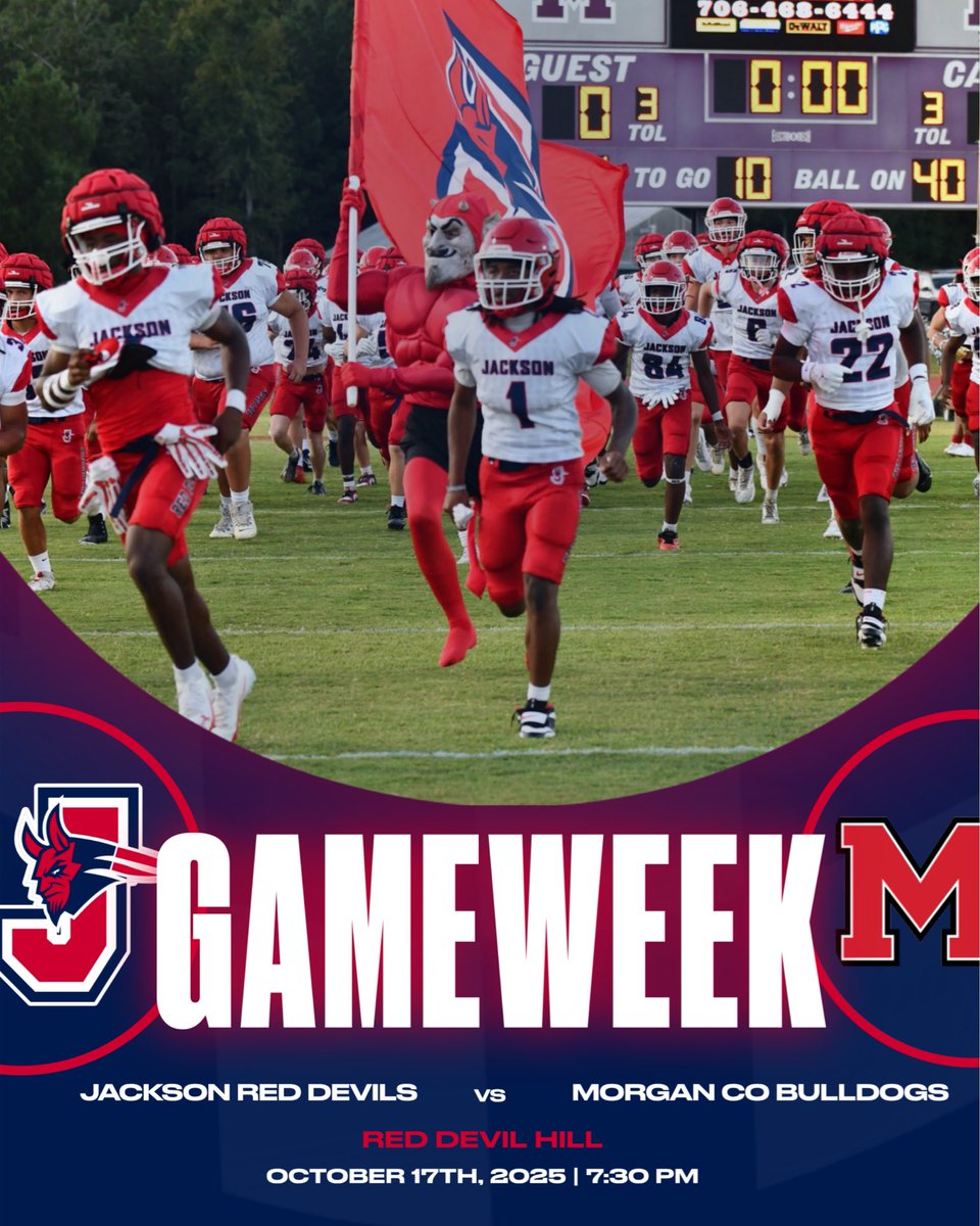 🔥GAME WEEK 🔥

🔴⚪️🔵 Jackson Red Devils vs 🐶 Morgan County Bulldogs
📅 Friday, October 17, 2025
⏰ 7:30 PM
📍 Red Devils Hill — Jackson, GA

#RD4L | #HTT