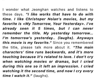 jeonghannisms's tweet photo. movies to get to know jeonghan except he's just shared that his ultimate favorite movie is "my tomorrow, your yesterday" which he has mentioned multiple times, said he watched it 5 times and cried each time. https://t.co/fTI6najmam