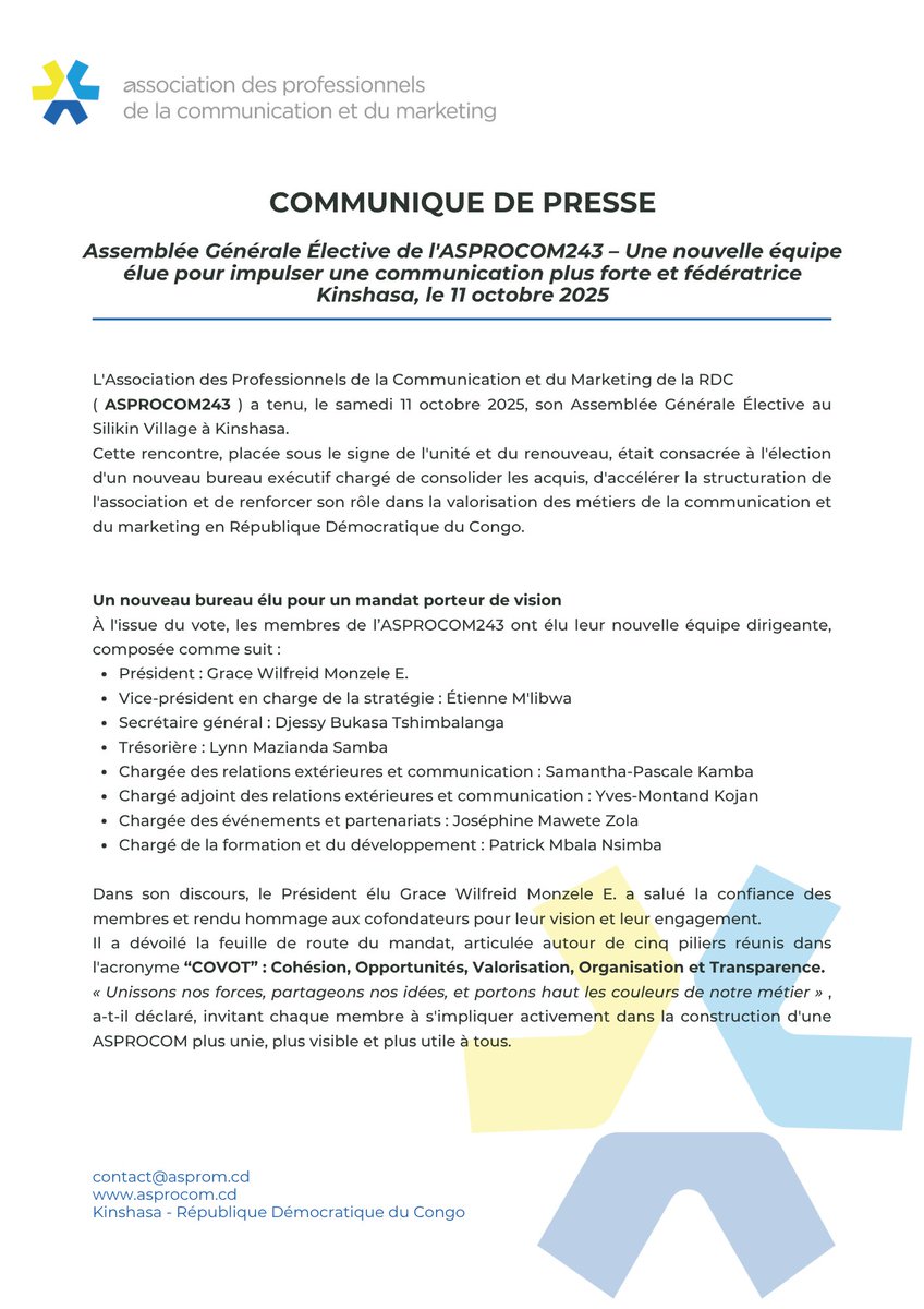 📌 COMMUNIQUÉ DE PRESSE 📌

#ASPROCOM243 #CommunicationRDC #MarketingRDC #COVOT