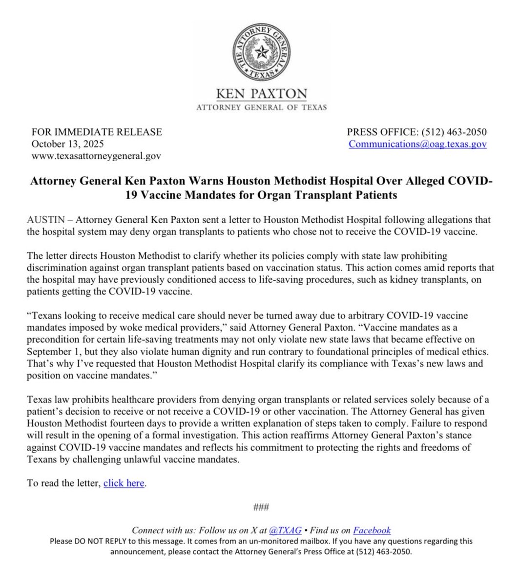 BREAKING

.<a href="/KenPaxtonTX/">Attorney General Ken Paxton</a> is officially warning Houston Methodist Hospital that it cannot withhold life saving organ transplants over patients choosing to not take the Covid jab.

We fought tooth and nail for legislation protecting organ transplant patients from this tyranny!