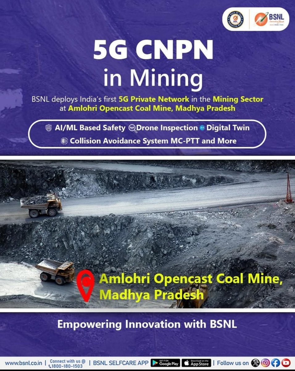 BSNL deploys India’s first 5G Private Network in mining at Amlohri Opencast Coal Mine, MP - integrating AI/ML safety, drones, digital twins &amp; MC-PTT.

BSNL - Accelerating India’s Digital Transformation.

#BSNL #BSNL5G #5GPrivateNetwork #DigitalIndia #Innovation