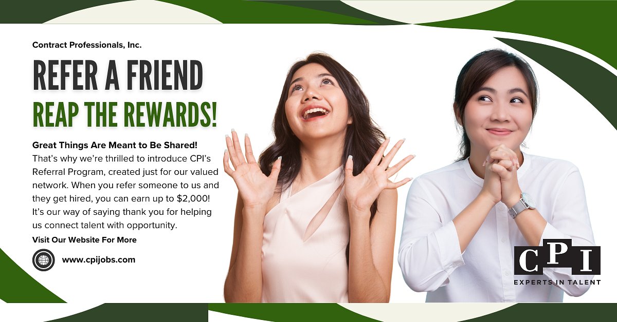 CPIJobsInc's tweet image. 💰 Earn Up to $2,000 with CPI’s Refer-A-Friend Program! 💰
Know someone looking for a great job? Refer them to CPI, and you could earn up to $2,000. It’s simple—send us their info, and we’ll take care of the rest. For all the details: bit.ly/3Zj6xcZ #JobReferrals