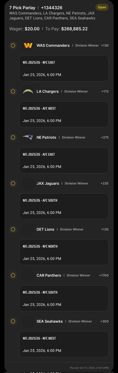 thirdlegkev's tweet image. Had too many NFL division winner parlays with the Browns in it, so I made a 7 legger without them to win $268k off of 20 bucks...