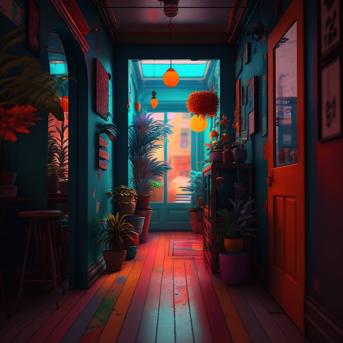 NoBanksNearby's tweet image. 3:17 PM – Step into this vibrant hallway where electric teal meets a fiery, luminous floor. It’s a moment charged with mid-afternoon magic, urging you to pause and feel the specific, glowing energy of *this* minute. Be here.
#ScarceNFT #CreativeCode #MomentumArt #1440Minutes…