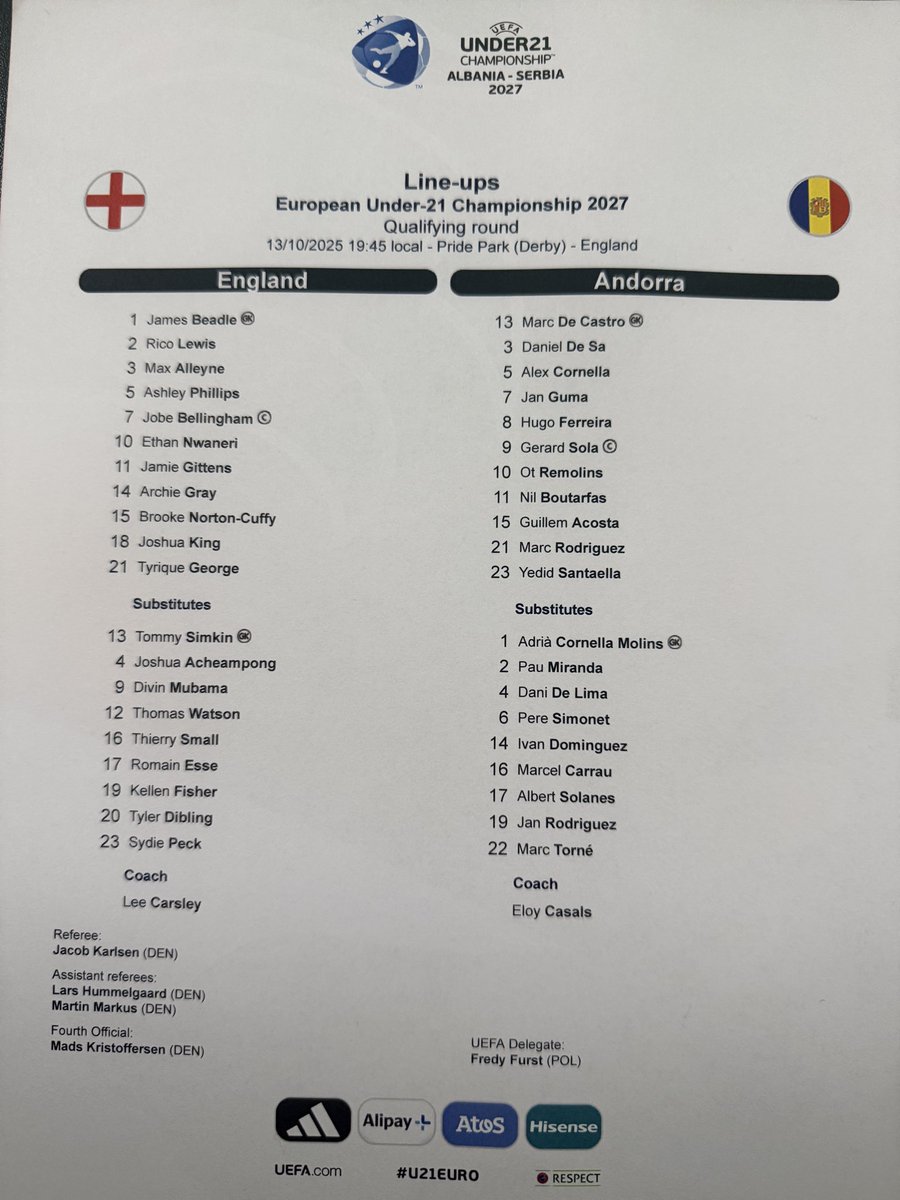 On Jobe Bellingham watch as England U21s play Andorra U21s here at Pride Park.