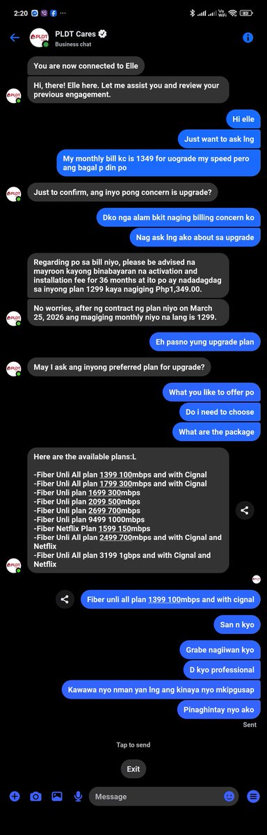 FernanOrate's tweet photo. @PLDTHome napaka unprofessional ng mga hinahire nyo.nangiiwan sa ere..pinaghintay ako sa wala. Yan po usapan nmin ni elle daw ng @PLDT_Cares https://t.co/uSjUPUKDzr