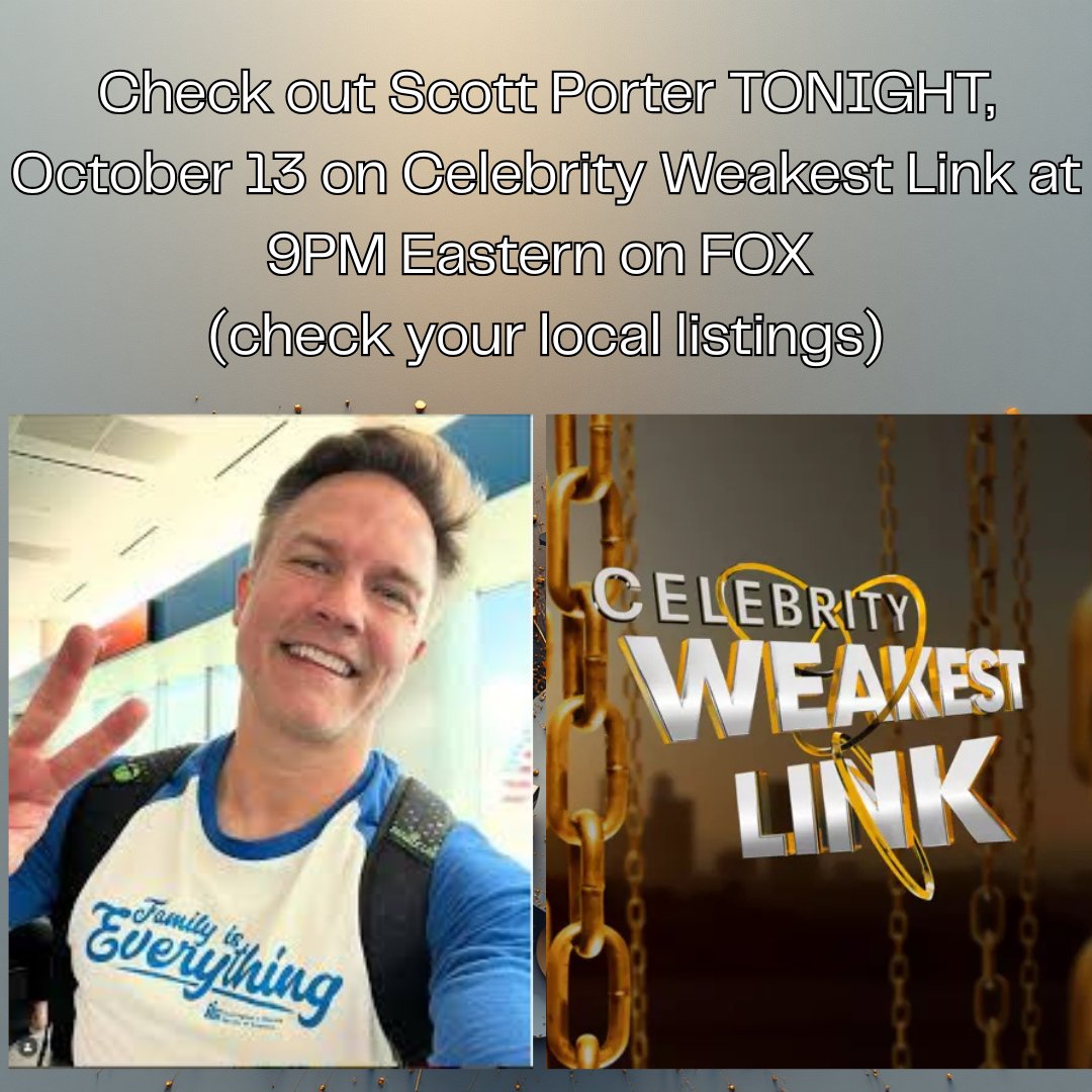 HDSA's tweet photo. Don’t miss it! Tune in TONIGHT (Oct 13) at 9PM Est on FOX and watch Scott Porter on #CelebrityWeakestLink! He’s playing for the Huntington’s Disease Society of America! Let’s cheer him on and raise awareness together! Check your local listings for airtime. #ScottPorter #HDSA https://t.co/CoxPcgV0Tw