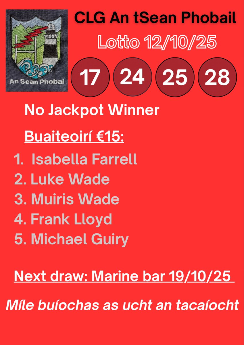 Lotto - 12/10/25
Torthaí Lotto na hoíche aréir: 17, 24, 25, 28.
Ní raibh aon bhuaiteoir ar Jackpot na seachtaine seo. 
Míle buíochas as ucht bhur dtacaíocht.