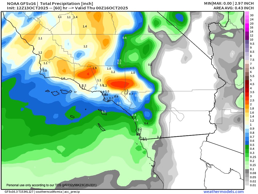 SoCalWXwatcher's tweet image. A look at today&apos;s latest Model Guidance for the first Pacific Storm of the season - Periods of heavy Rain and scattered Thunderstorms across #SoCal overnight through tomorrow. Heaviest rain from Orange County Northward, lesser amounts in SD County and Low Deserts. Potential…