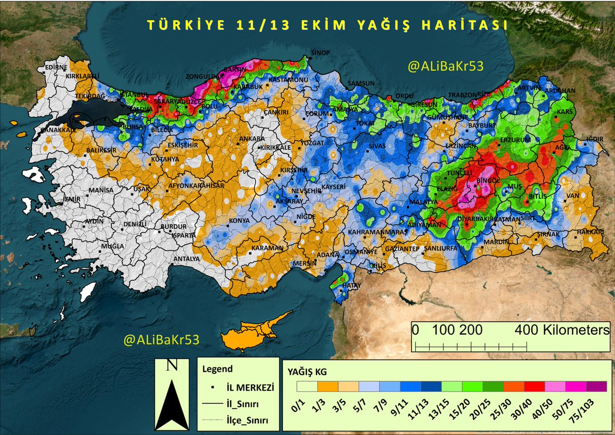 11/13 Ekim sisteminde kaydedilen yağışlar
Batı Karadeniz kıyıları, Marmara'nın doğusu, Doğu Karadeniz ve Doğu Anadolu'nun orta kesimleri Diyarbakır'dan Erzurum'a uzanan hat çevresi en çok etkilenen yerler oldu.

Konya Nevşehir Sivas'a uzanan hat da İç Anadolu'nun geri kalanına