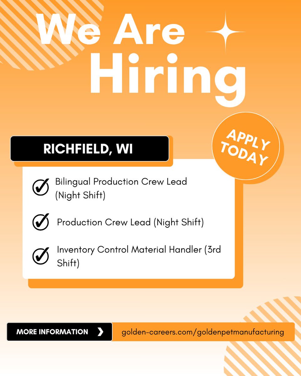 goldenpet53022's tweet image. Golden Pet Manufacturing is looking for dedicated, hardworking individuals to join our team!

✨ Why Join Us?
Competitive pay
Growth opportunities
Supportive, team-oriented environment
Great benefits

Apply today at grnh.se/cfbef1bf5us

#Hiring #Production #MaterialHandler