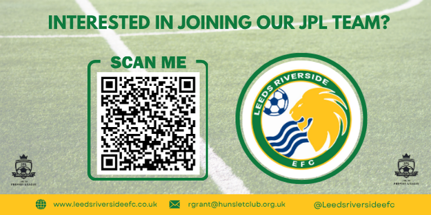 LeedsRiverside's tweet photo. ⚽️Ready to take your game to the next level?  
Join our Junior Premier League team - competitive football, high standards, real opportunities🔥

Scan the QR code or Email: rgrant@hunsletclub.org.uk to get started!
 #JoinTheTeam #JPL #FutureStars #leedsriversideefc https://t.co/VEni0QlZgq