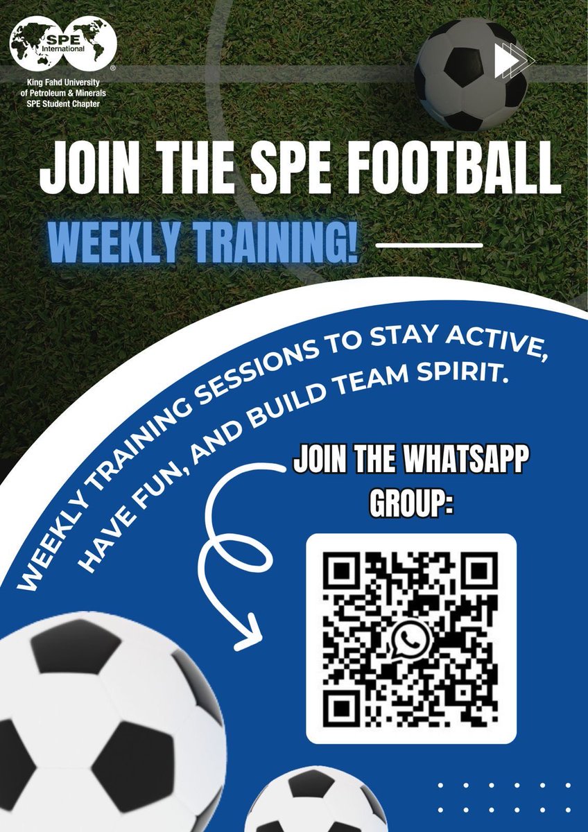 📣 إعلان

⚽️ انضم إلى تمارين كرة القدم الأسبوعية مع نادي SPE!
حـافظ علـى صحتـك، واستمتـع باللـعـب 💪🏻🔥
فرصـة مميزة للتسليـة ولعـب كـرة القدم أسبوعيًـا! 😁

📅 تمارين أسبوعية
📍جامعة الملـك فهـد للبتـرول والمعـادن

تابع آخر المستجدات عبر قروب الواتساب 💬

Announcement 📣

⚽ Join