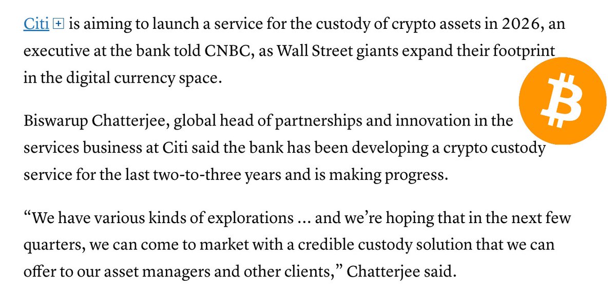 JUST IN: Wall Street giant Citi bank to launch #Bitcoin and crypto custody services in 2026 — CNBC 🙌