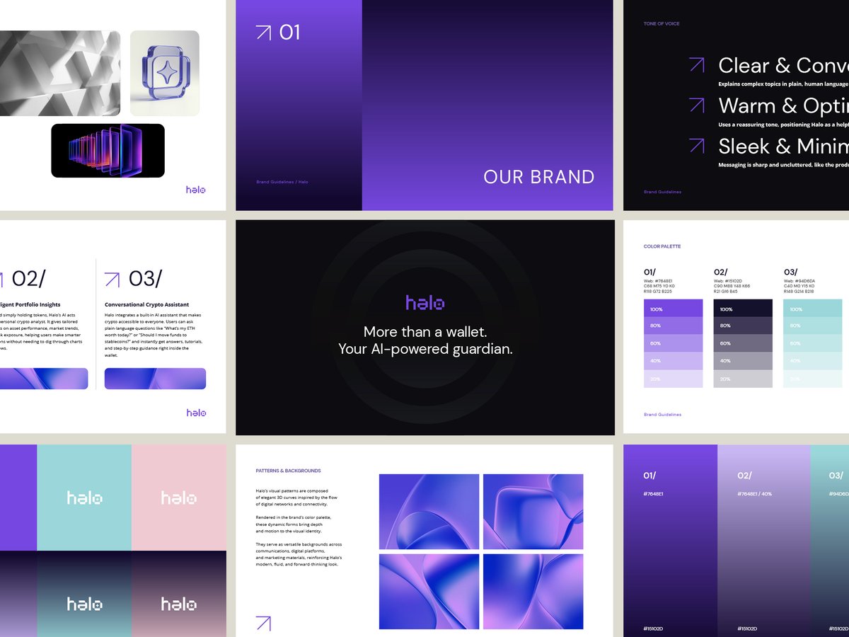 AlphaOneStudio's tweet image. Halo is a modern crypto and NFT wallet built for users exploring the world of Web3. The brand embodies simplicity and security, making digital asset management intuitive.

As part of their brand book, we developed a cohesive brand system featuring custom 3D patterns, backgrounds,…