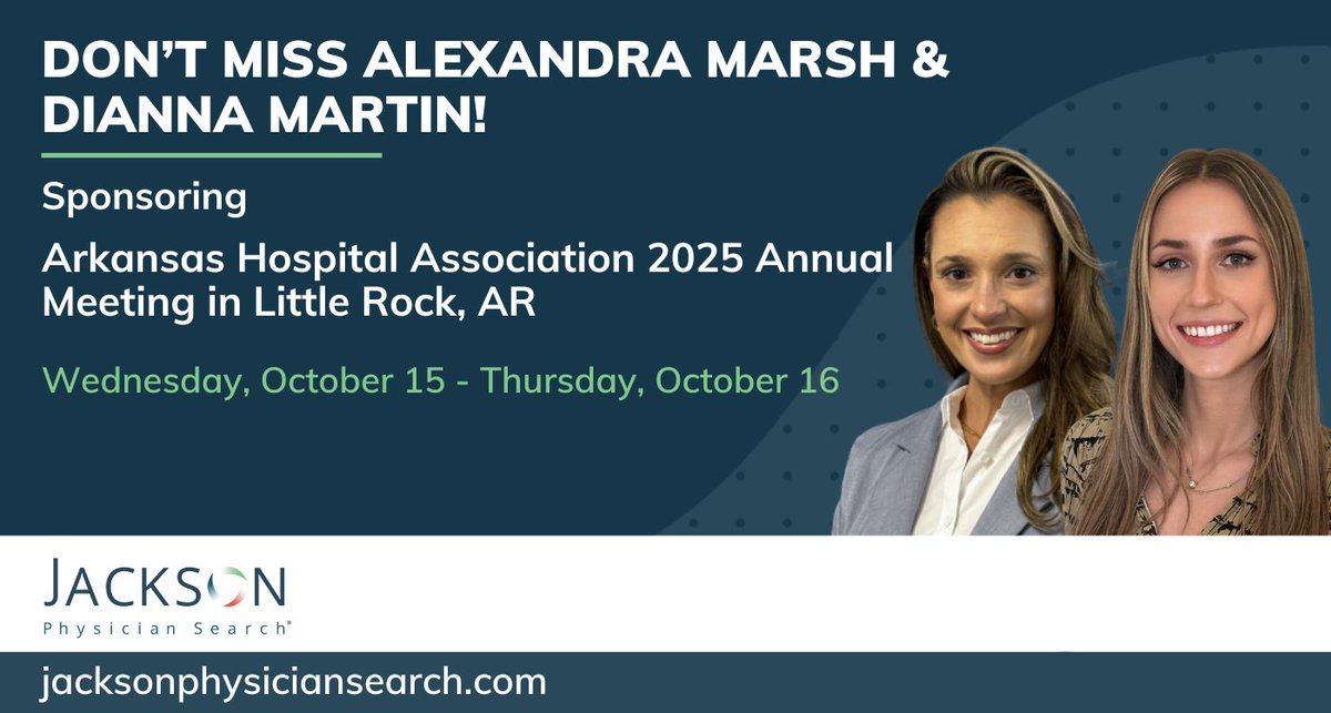 Jackson Physician Search (@jackson_search) on Twitter photo We are excited to attend the <a href="/arkhospitals/">AR Hospital Association</a> Annual Meeting as a proud AHA Services-endorsed partner! Visit Director of Business Development Alexandra Marsh and Business Development Manager Dianna Martin at Booth #8 to discuss your organization's physician recruitment needs. We are excited to attend the <a href="/arkhospitals/">AR Hospital Association</a> Annual Meeting as a proud AHA Services-endorsed partner! Visit Director of Business Development Alexandra Marsh and Business Development Manager Dianna Martin at Booth #8 to discuss your organization's physician recruitment needs.