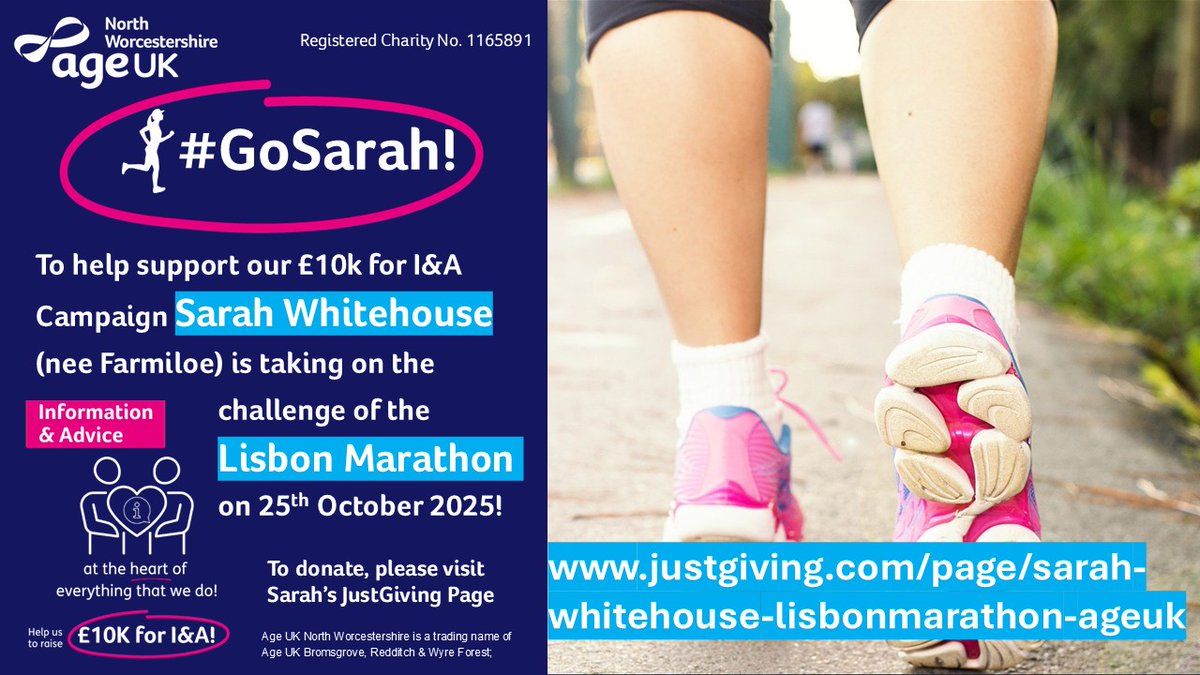 AgeUK_BRWF's tweet photo. #GoSarah! To raise funds for our free Information & Advice service Sarah Whitehouse is taking on the challenge of the Lisbon Marathon on 25th October! Please support Sarahโs efforts ๐https://t.co/jm5auES5nw ๐
#WorcestershireHour https://t.co/KkeJHe7K9q