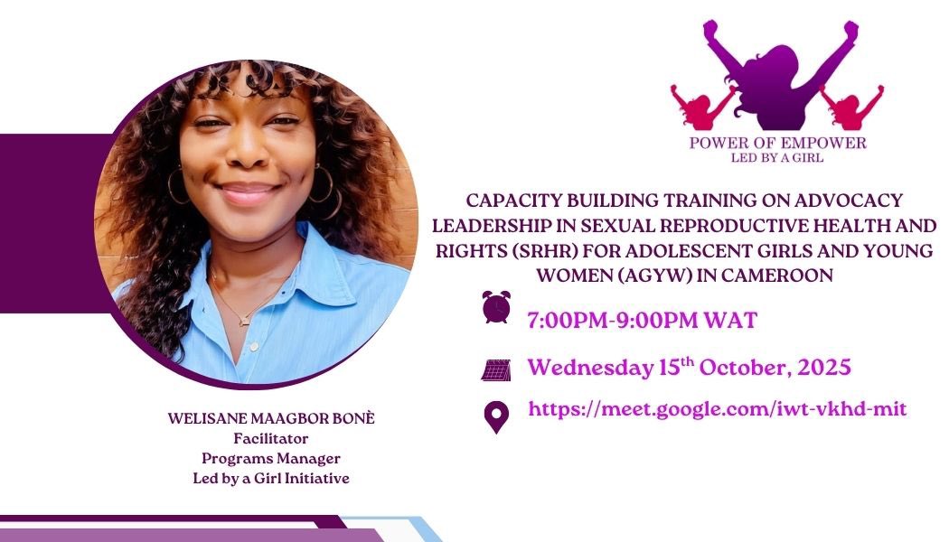 LedByAGirl's tweet image. An invitation,
Dear AGYW in Cameroon,
Are you ready to enhance your skills, amplify your voice, and drive impactful change in the realm of Sexual and Reproductive Health Rights?
The Led by a Girl Initiative invites you to a dynamic Capacity Building Training