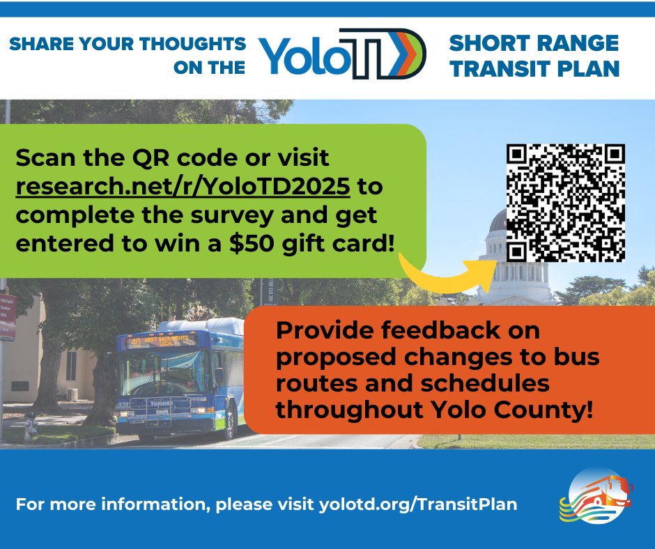Last chance to give your feedback on YoloTD's Short Range Transit Plan -- we are accepting input until this Wednesday, October 15!  We are asking our community for input on proposed changes to bus routes and schedules throughout Yolo County.  research.net/r/YoloTD2025