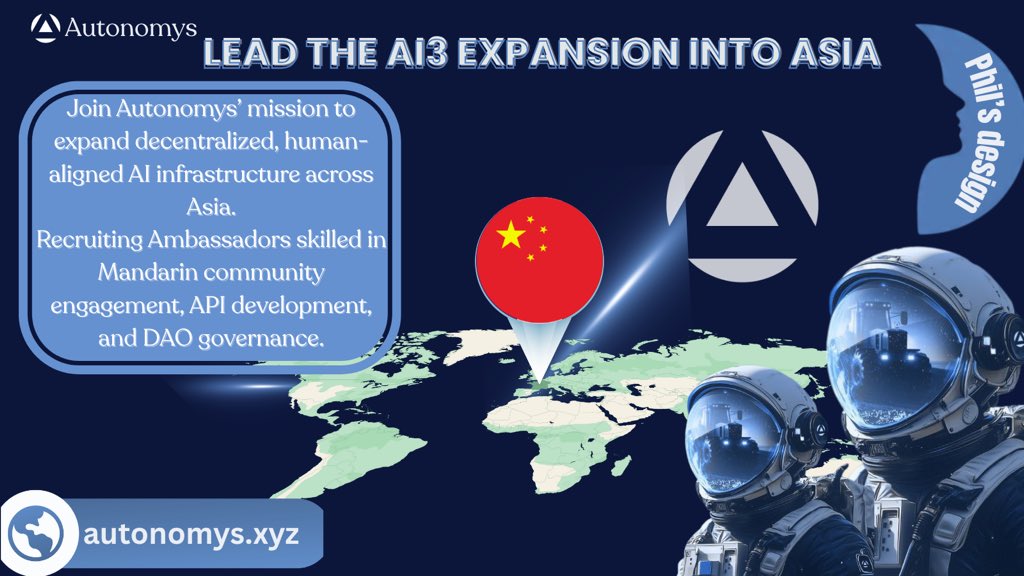 UgochukwuPhile2's tweet photo. 🚀 @AutonomysNet Expands into Asia — Ambassador Recruitment Now Open

@AutonomysNet is taking the next big step in its mission to build decentralized, human-aligned AI infrastructure — expanding into Asia, beginning with China 🇨🇳

This marks a new phase for the #AI3 movement, connecting global innovators who believe AI should be open, transparent, and community-driven

Ambassador Program Overview

To support this expansion, @AutonomysNet is inviting new Project Ambassadors to help grow awareness, education, and technical collaboration across Asia.

They are looking for individuals with skills in:
🗣 Mandarin-speaking community engagement – helping bridge language and culture
💻 API development or integration – connecting tools and applications to the Autonomys ecosystem
🏛 DAO governance & operations – strengthening decentralized decision-making

The Autonomys Ambassador Program is skills-based and on-demand, allowing qualified candidates to apply anytime.
New Ambassadors begin as Apprentices, completing a 4-week onboarding phase that includes:
•Learning about Autonomys’ decentralized AI infrastructure ($AI3)
•A practical mini-project to demonstrate applied understanding
•Weekly mentorship and feedback

After completing onboarding, participants can advance to full Ambassadorship — joining a global network of 80+ contributors who lead initiatives in education, localization, and community building.

Ambassadors represent Autonomys responsibly, focusing on ecosystem growth and awareness rather than investment promotion.

🌍 Why It Matters

Autonomys is one of the few projects truly merging AI and Web3 infrastructure to create a decentralized, human-aligned future.
As the network expands into Asia, this program offers the chance to be part of that transformation.

🔗 Apply now: https://t.co/44lZXrldxh