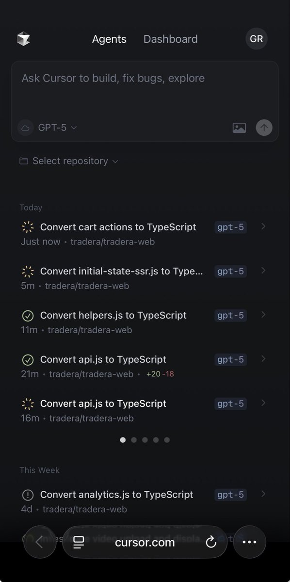 rosecoder's tweet image. doing another big refactor with @cursor_ai background agents. this time converting all of tradera.com to typescript - including all the legacy stuff from 15+ years ago
i guess it will be around 700 PRs in total
goal to complete it within a week with 0 production…