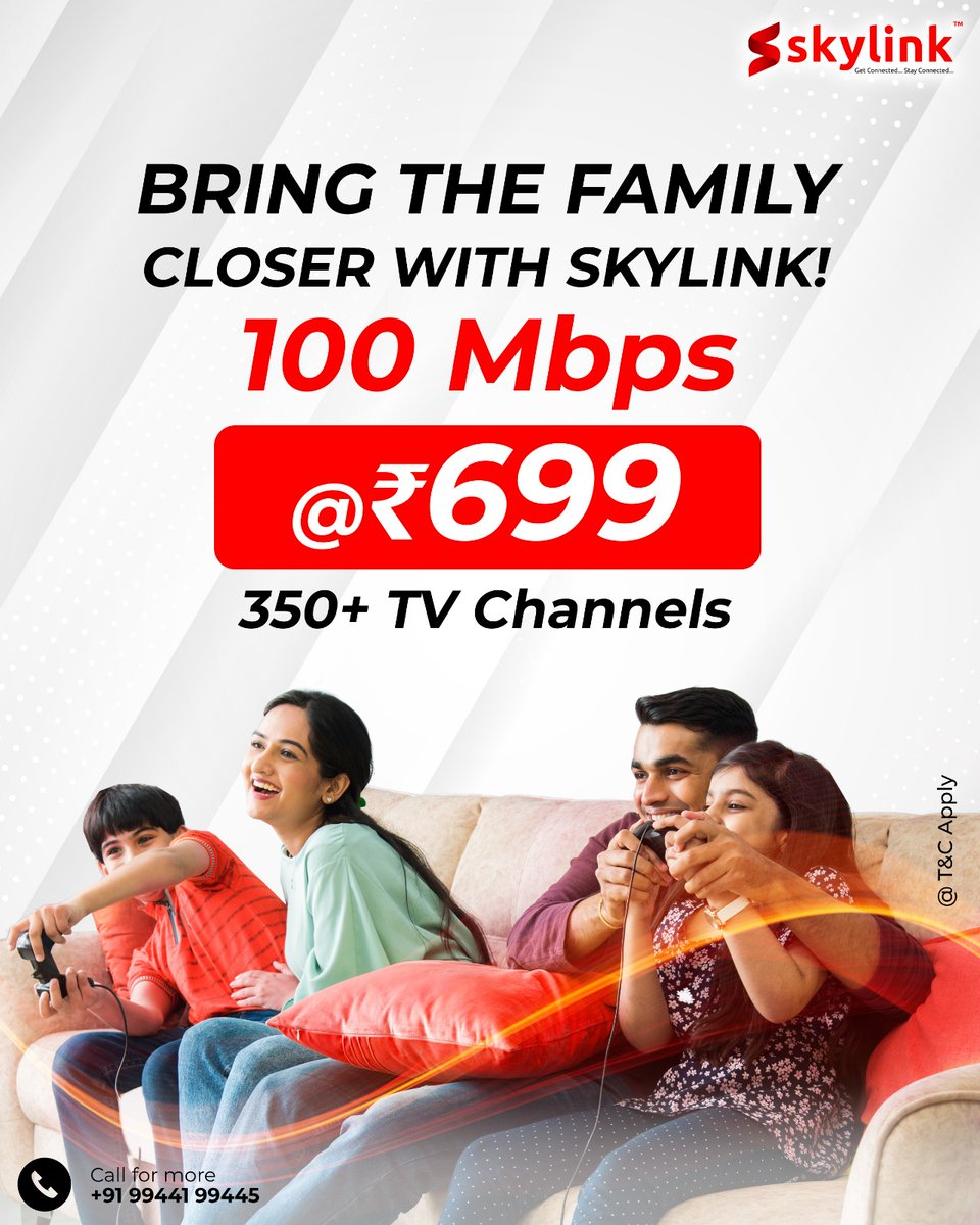 skylinkfiber's tweet photo. 👨👩👧👦 Bring your family closer with SkyLink!
Enjoy 100 Mbps speed + 350+ TV Channels at just ₹699/month.

Stream. Play. Connect. ❤️

📞 Call us: +91 99441 99445
🌍 Website: https://t.co/AWKOhnUWnx

#SkyLink #HighSpeedInternet #FamilyEntertainment #StayConnected #InternetOffers #BroadbandDeals #SkyLinkIndia #DigitalHome