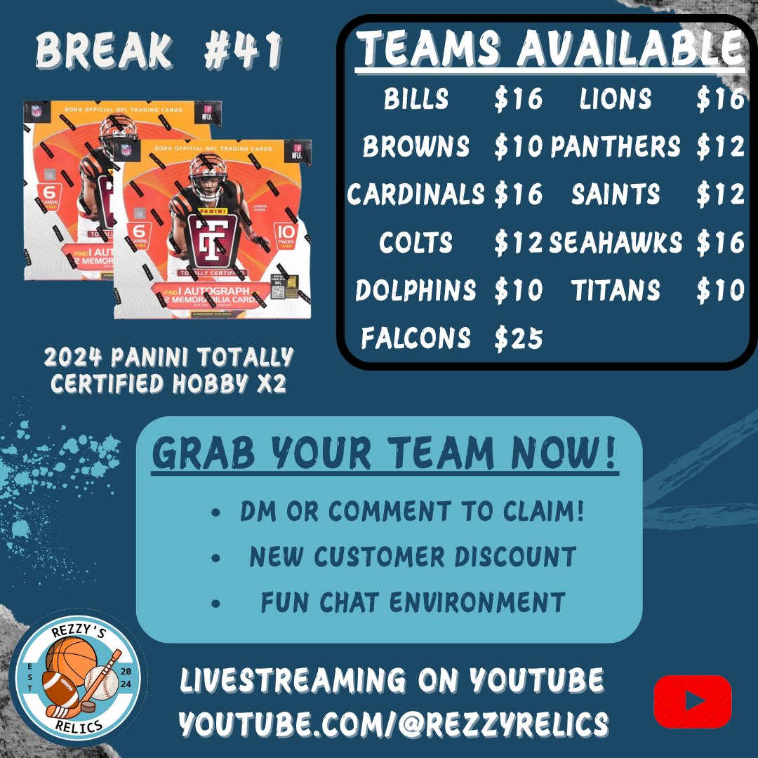 RezzyRelics's tweet image. 🚨🚨BREAKS WEDNESDAY🚨🚨
Break #41 - 2024 Panini Totally Certified Hobby x2
(2 Auto's / 4 Mem's)
$5 stack shipping
New customers get $10 off orders over $21.
Team gone? Join the group chat for early access to team claims before the general public!
#RezzyRips #thehobby #HobbyX…