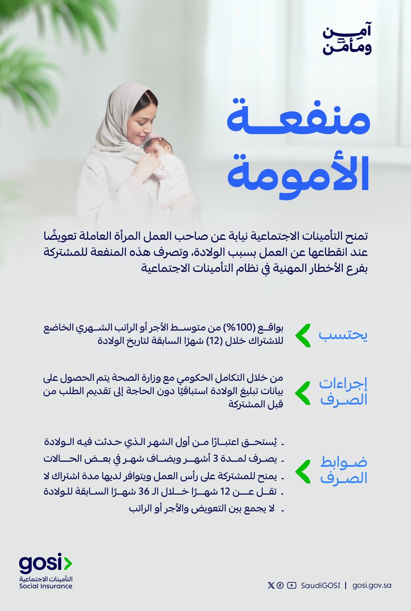 SaudiGOSI's tweet photo. منفعة الأمومة؛ خطوة تمكن وتحتضن مسيرة الأم العاملة.

#GOSI
#التأمينات_الاجتماعية https://t.co/hcIHlo9SMd