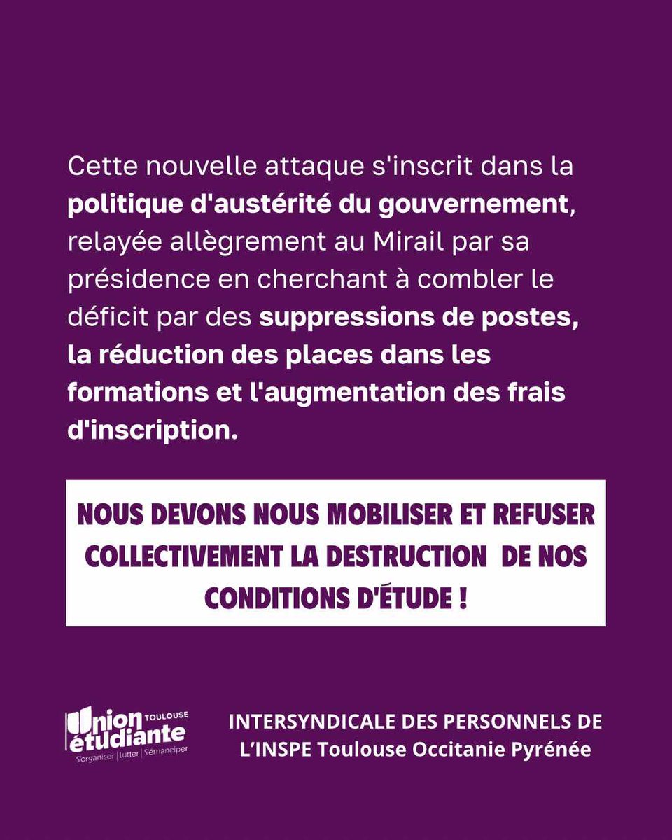 COMMUNIQUÉ | Une énième offensive contre les étudiant•es du Mirail :
Fermeture de places en Master M2E (anciennement Master MEEF)