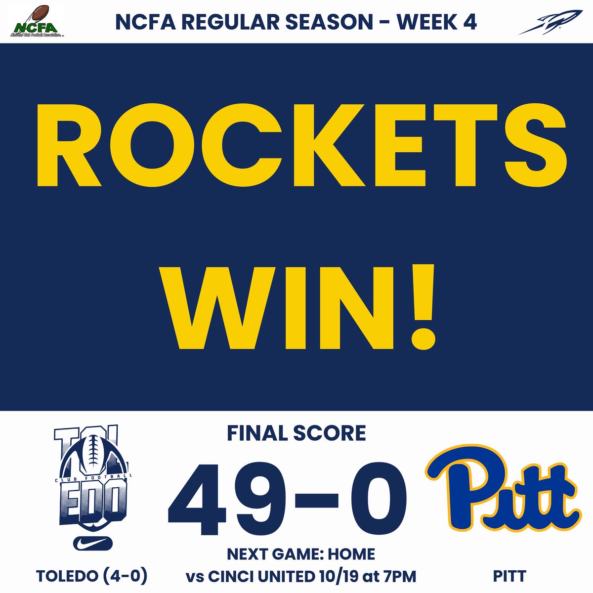 Final score from last nights game!

Rockets Club Football is now 4-0 for their best start in program history 🚀

Help us continue this run by donating to our Snap fundraiser before the campaign ends on 10/21!

Link: raise.snap.app/donate/univers…

All donations are tax-deductible