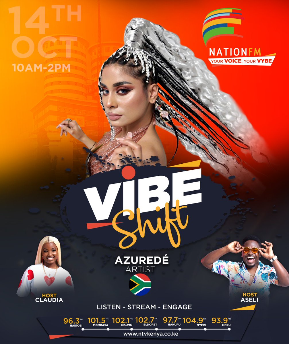 anyikopr's tweet photo. 🔥 This Tuesday, the VIBE shifts!
South African sensation @iam_AzureDe  joins @Claudianaisabwa  &amp; @brian_aseli  live on #VibeShift — only on @NationFmKE 
📅 14th Oct | 10AM–2PM
🎧 Listen • Stream • Engage
#NationFM #YourVoiceYourVybe https://t.co/TZUrG42gYw