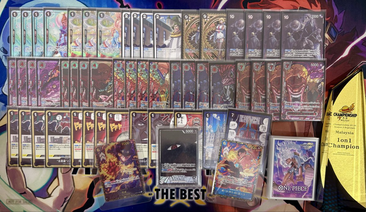 2025 Championship Wave 2
Malaysia 1v1 Champion🏆
3v3 Top 8
Deck used: Imu 

R1: Imu✅
R2: G Zoro✅
R3: Imu✅
R4: RU Ace❌ misplay lol
R5: Rayleigh✅
R6: RB Sabo OP13✅
R7: RU Ace✅
R8: Imu✅ <a href="/TienKhai7/">Tien_Khai</a> 
R9: RU Ace✅ <a href="/alvinhsu993/">許世融</a> 

Top16: Imu✅
Top8: UP Luffy✅ <a href="/Dobogeee/">k3sojuuu</a> 
Top4: