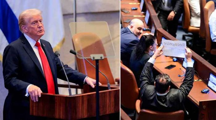🗣️🇵🇸‼️| Un cartel con un claro mensaje: «Reconozcan a Palestina», rompió hoy todo lo que parecía un momento de alabanzas en la Knéset (el Parlamento de Israel) con la visita del presidente de Estados Unidos, Donald Trump.

🔗 acortar.link/roFbjO