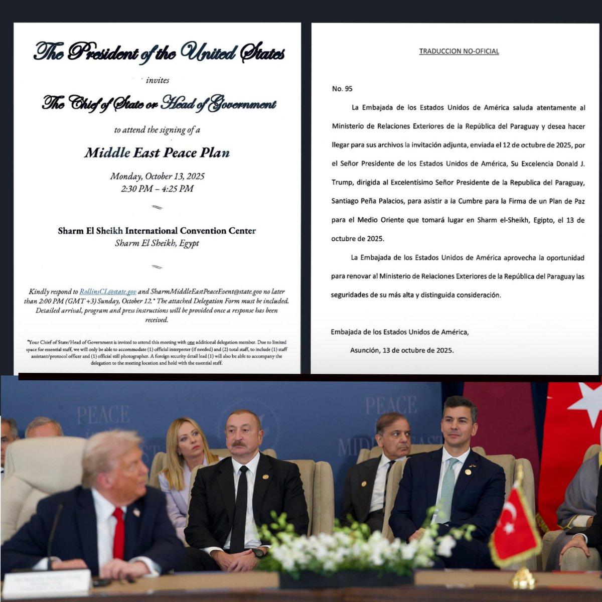 CuartoPoder_Py's tweet image. 🔴PRESIDENCIA MUESTRA INVITACIÓN DE EE.UU. A PEÑA PARA CUMBRE DE PAZ
▪️El presidente de los Estados Unidos, Donald Trump, invitó oficialmente al presidente Santiago Peña a participar de la Cumbre de Paz en Egipto realizada este lunes, que consolidó el alto el fuego en Gaza y la…