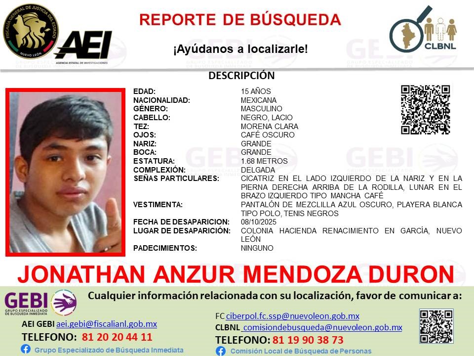 cbecoahuila's tweet image. La Comisión de Búsqueda de Personas solicita su valiosa colaboración para dar con el paradero de:
*** JONATHAN ANZUR MENDOZA DURÓN ***
Cualquier información sobre su paradero comunícate vía #inbox o a los teléfonos que aparecen en la ficha.
¡Tú Colaboración es muy importante!