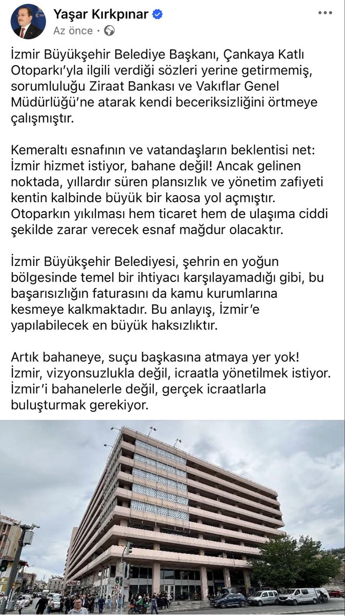 İzmir Büyükşehir Belediyesi, şehrin en yoğun bölgesinde temel bir ihtiyacı karşılayamadığı gibi, bu başarısızlığın faturasını da kamu kurumlarına kesmeye kalkmaktadır. Bu anlayış, İzmir’e yapılabilecek en büyük haksızlıktır.