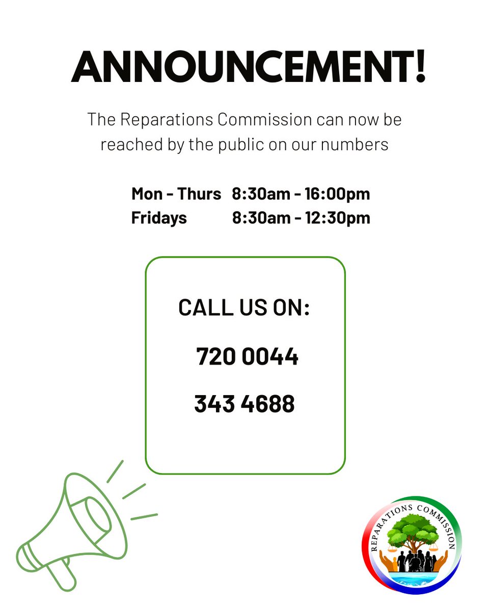 Updates !

We wish to inform you that the Commission now has new contact numbers. We kindly encourage all victims to call us before visiting the office. 

This will help us better plan and schedule appointments to serve you more efficiently.  

#Reparations #Gambia