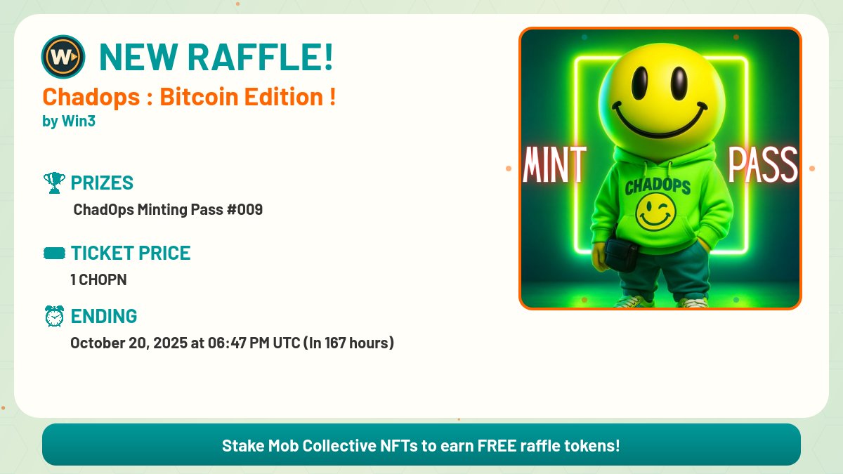 🎟️🔥 NEW RAFFLE ALERT! 🔥🎟️

🏆 Chadops : Bitcoin Edition !

🔗 Buy Your Tickets: raffle.mobtools.in/main/02b7a6902…